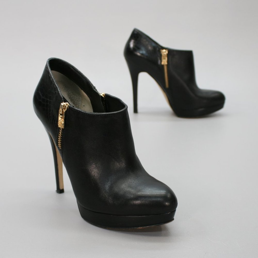 Michael Kors Black Leather High Heel Ankle Booties with Gold Zippers